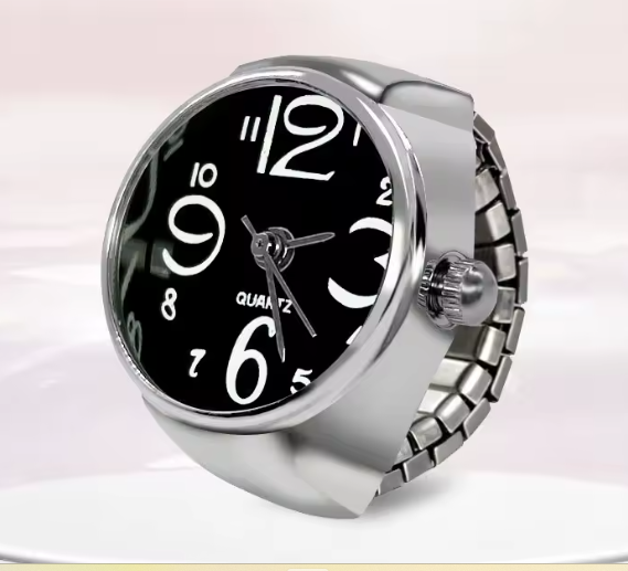 Creative Round Elastic Quartz Finger Black & White Ring Watch