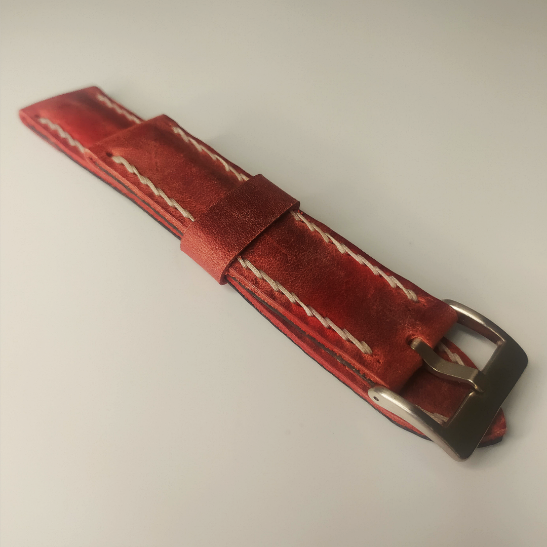 Handmade Leather Strap by Wrist Bound (Distressed Red Leather. White Stitching. Silver Buckle)