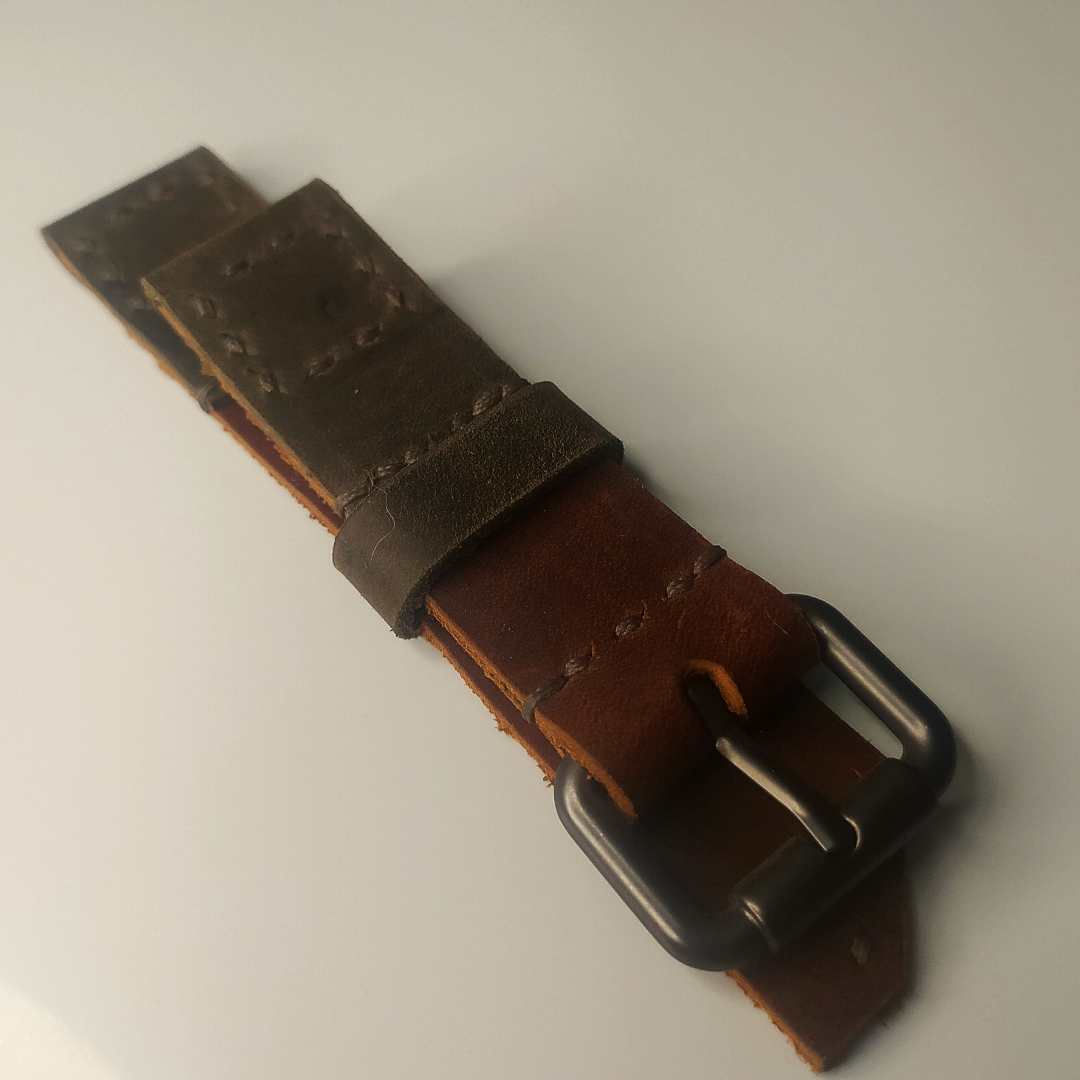 Handmade Leather Strap by Wrist Bound (Dark Green/Dark Brown Leather, Dark Green Stitching, Brushed Buckle)