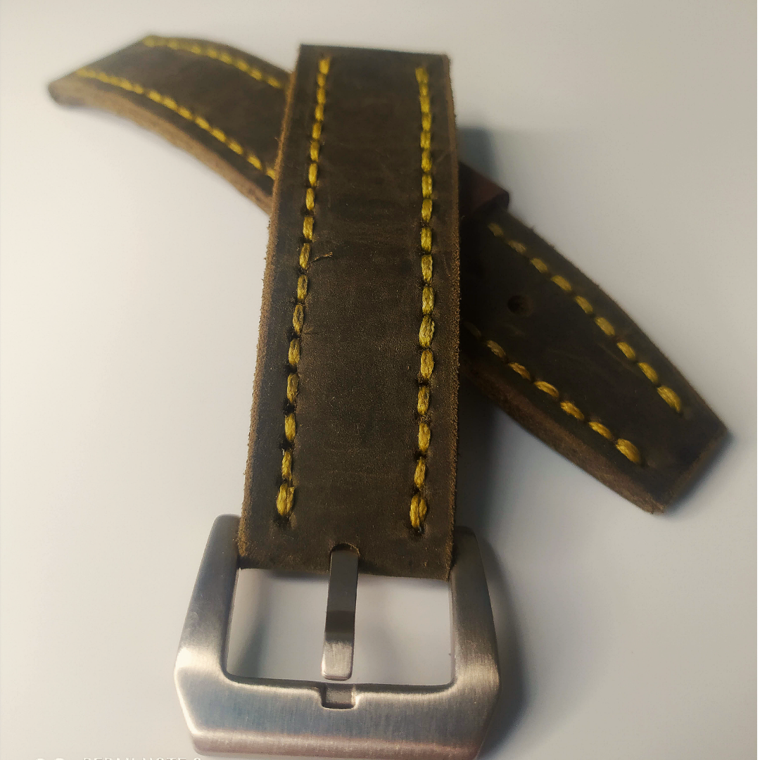 Handmade Leather Strap by Wrist Bound (Dark Green Leather. Gold Stitching. Silver Buckle)