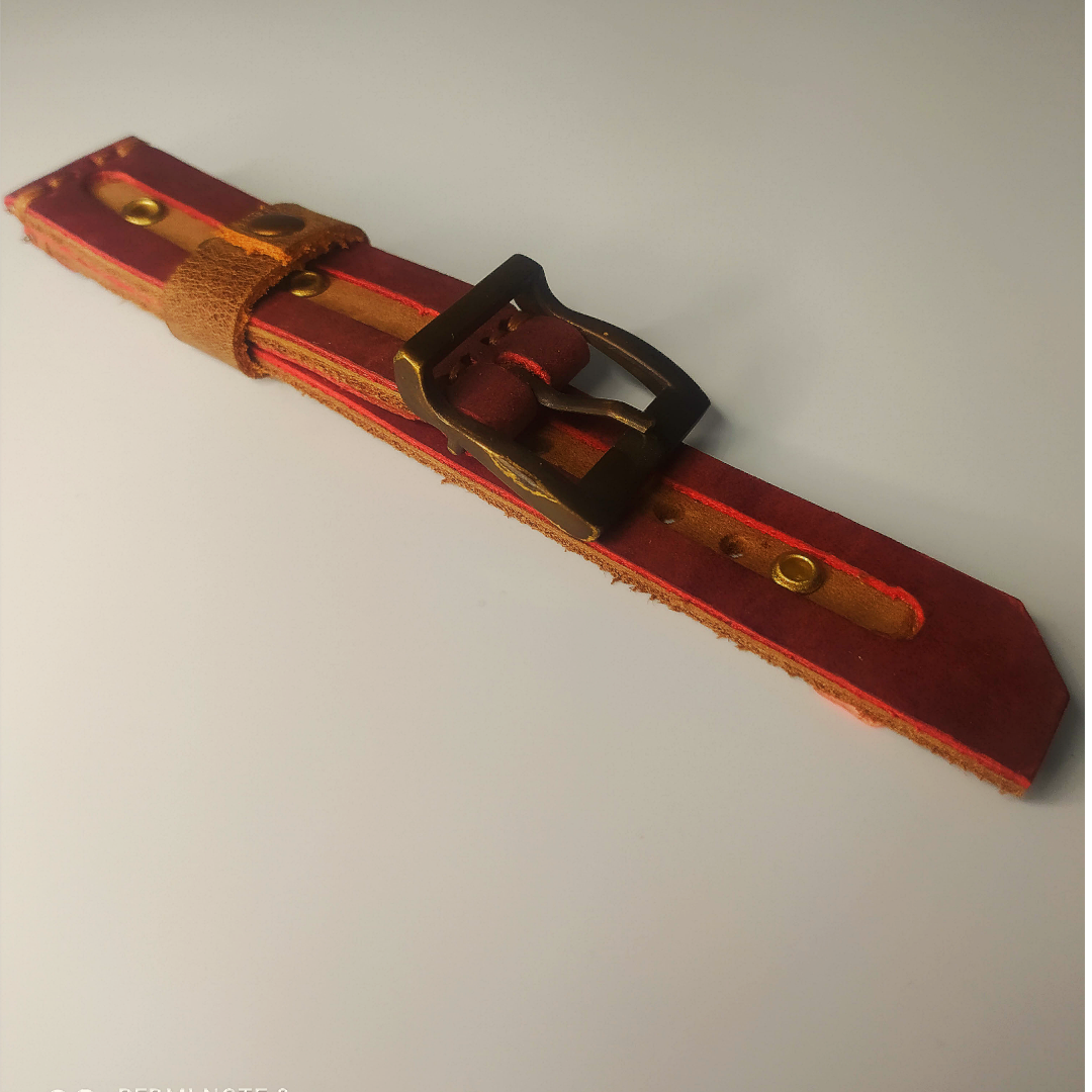Handmade Leather Strap by Wrist Bound (Windowed. Reddish/Light Brown Leather, Copper Colored Rivets and Buckle)
