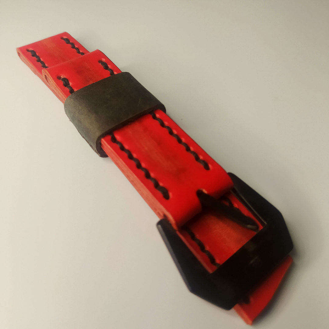 Handmade Leather Strap by Wrist Bound (Scraped Red Leather. Black Stitching. Black Buckle)