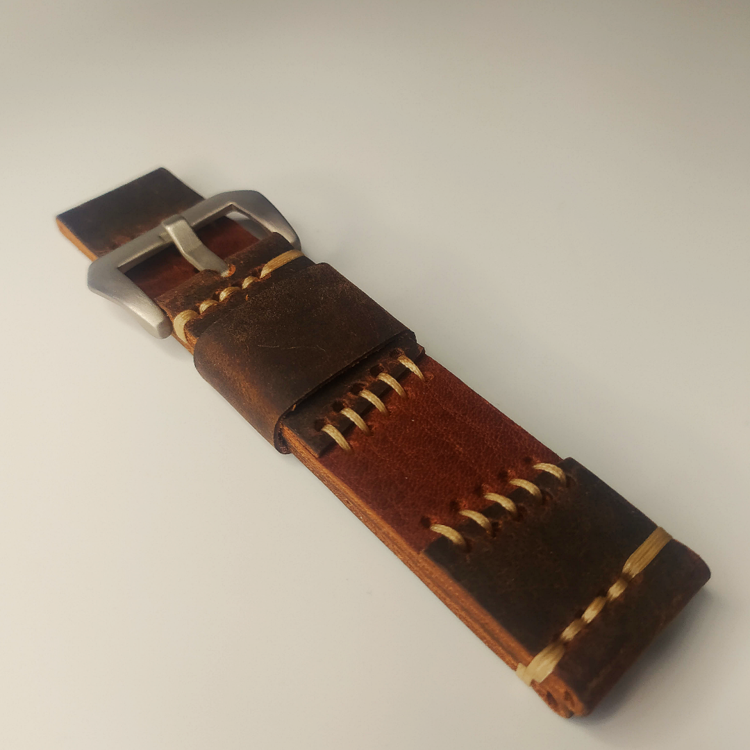Handmade Leather Strap by Wrist Bound (Frankenstein Two Toned Brown Leather, White Stitching, Silver Buckle)