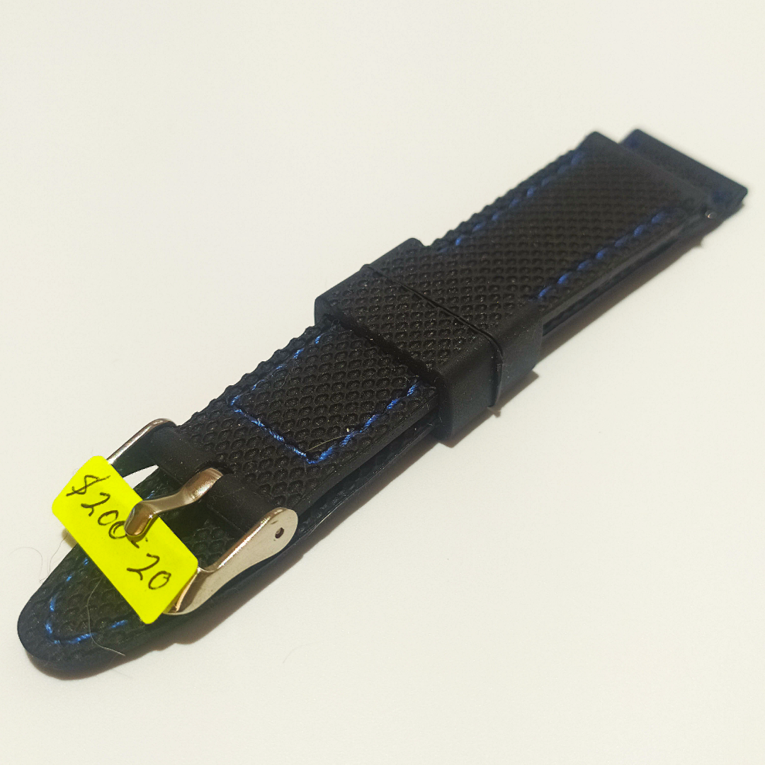 Men's Black Silicone Strap, Blue Stitching 20mm
