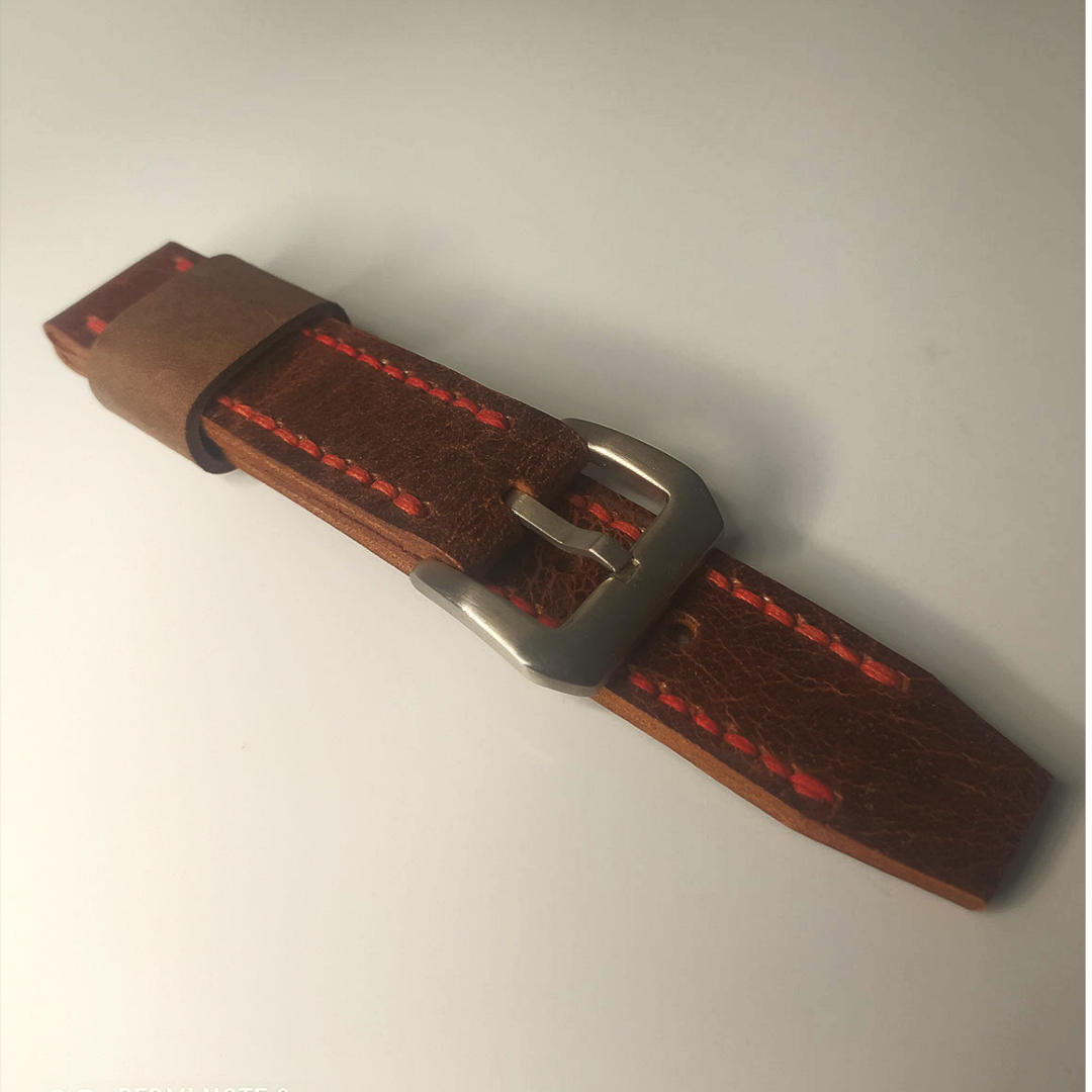 Wrist Bound 22mm Hand Treated Brown Leather With Orange Stitching. (No buckle).
