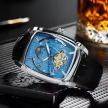 AOKULASIC Automatic Watch with Blue Skeleton Tonneau Dial and Moon Phase