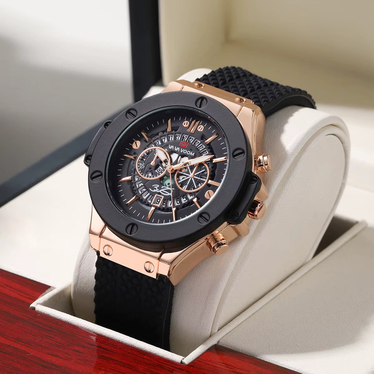 Black Silicone Mens 46mm Large Dial Black & Rose Gold Quartz Watch