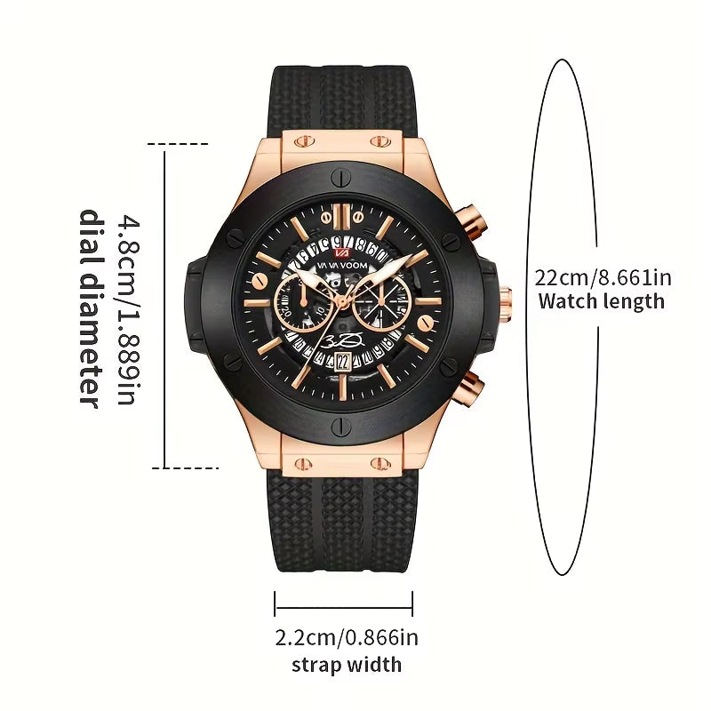 Black Silicone Mens 46mm Large Dial Black & Rose Gold Quartz Watch