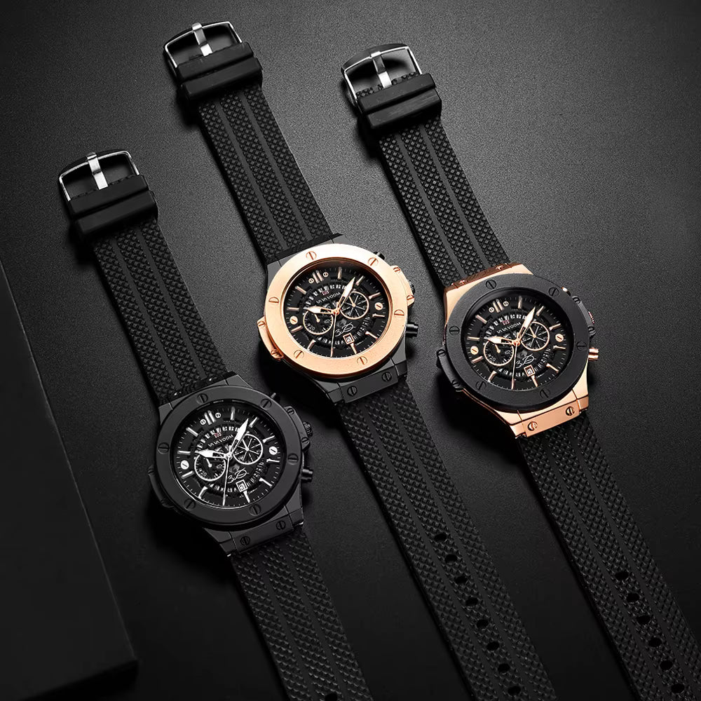 Black Silicone Mens 46mm Large Dial Black & Rose Gold Quartz Watch
