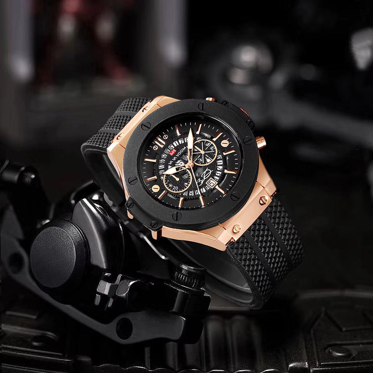 Black Silicone Mens 46mm Large Dial Black & Rose Gold Quartz Watch
