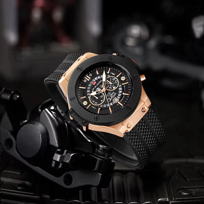 Black Silicone Mens 46mm Large Dial Black & Rose Gold Quartz Watch