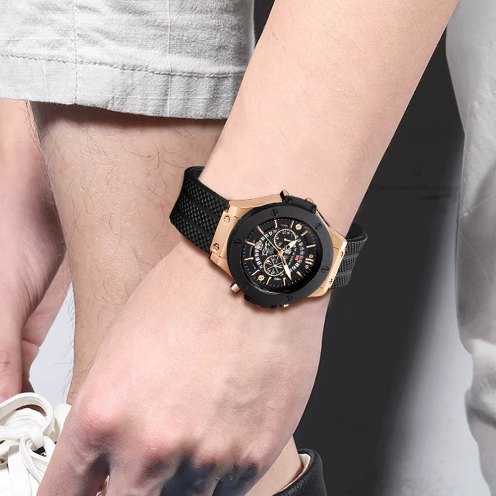 Black Silicone Mens 46mm Large Dial Black & Rose Gold Quartz Watch