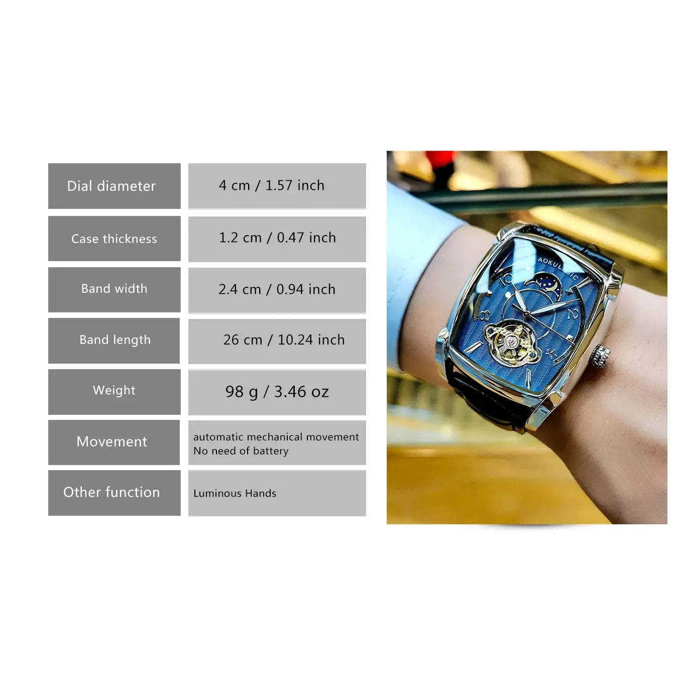 AOKULASIC Automatic Watch with Blue Skeleton Tonneau Dial and Moon Phase