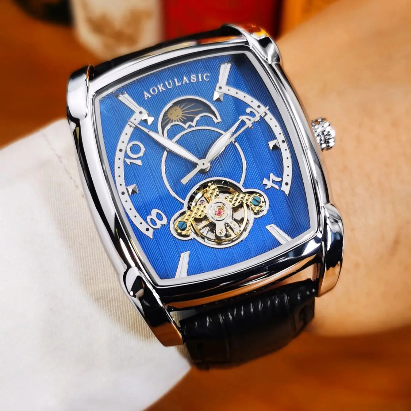 AOKULASIC Automatic Watch with Blue Skeleton Tonneau Dial and Moon Phase