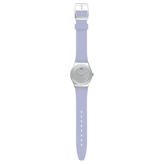 Swatch Lovely Lila Cristal de cuarzo Esfera plateada Reloj para mujer YLS216