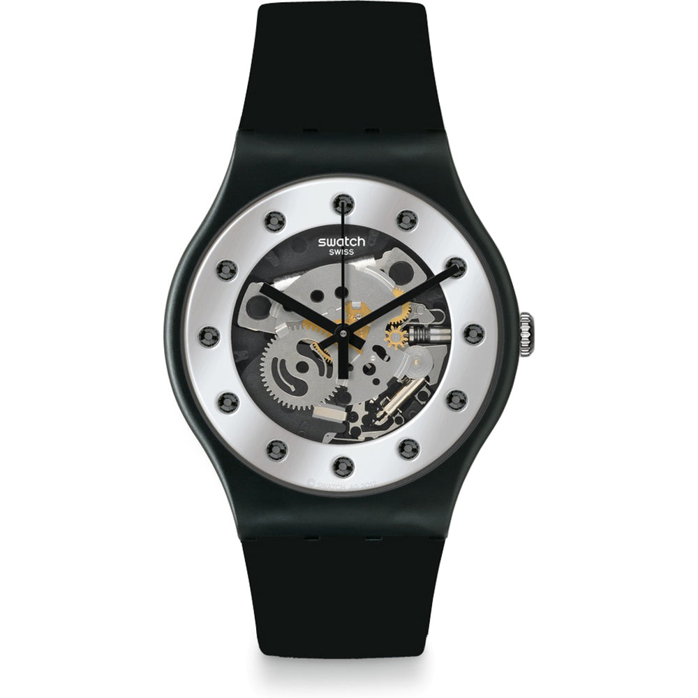 SWATCH Originals Silver Glame Skeleton Dial Reloj de hombre de silicona negra SUOZ147