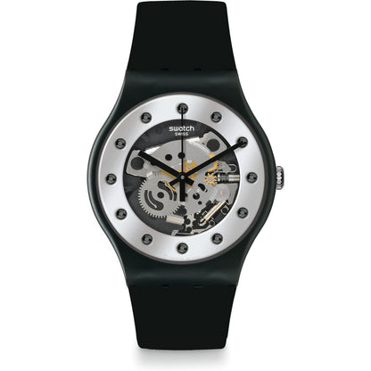SWATCH Originals Silver Glame Skeleton Dial Reloj de hombre de silicona negra SUOZ147